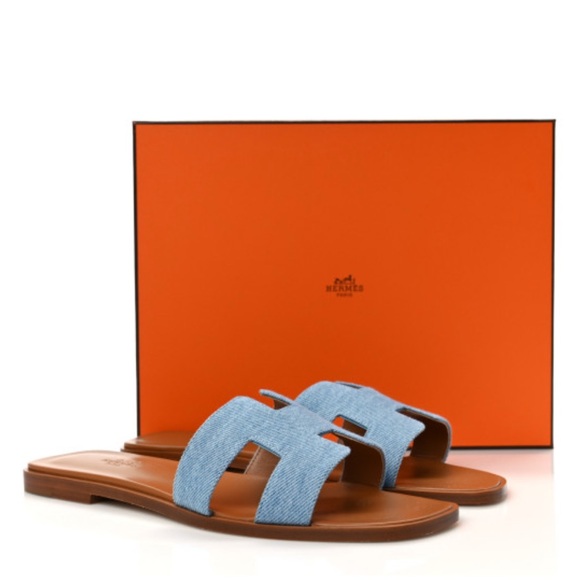 Hermes Denim Canvas Oran Sandals 39 Bleu Clair